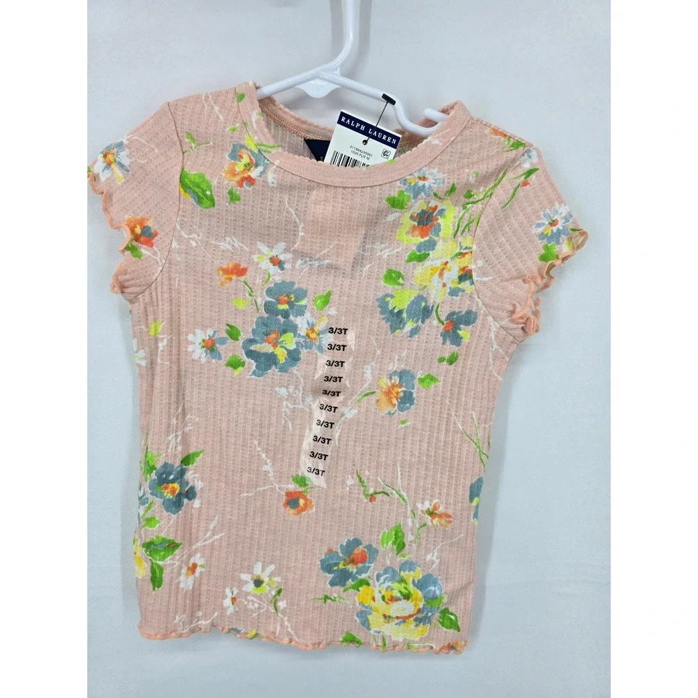 Polo Ralph‎ Lauren Girls Peach Pink Floral Ribbed Lettuce Trim T-Shirt 3/3T NWT